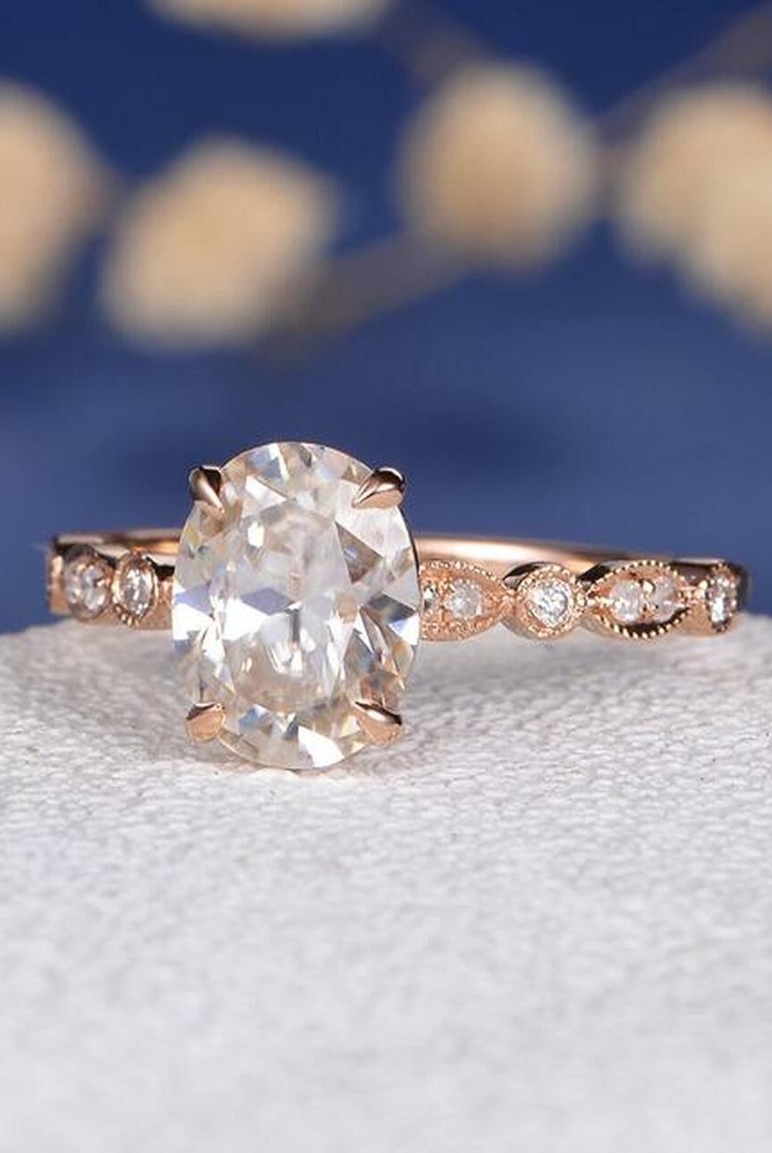 2.0CT Oval Four Prong Moissanite Diamond Vintage Pave Engagement Ring