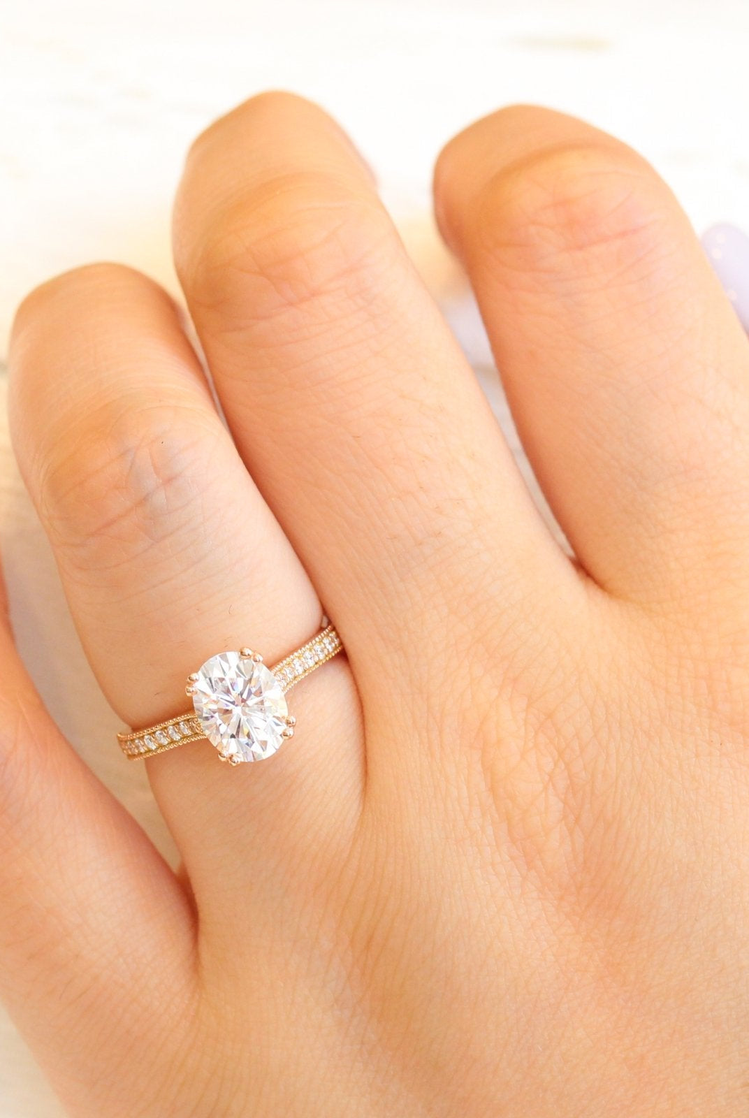 2.0CT Oval Channel Set Moissanite Diamond Double Claw Prong Engagement Ring