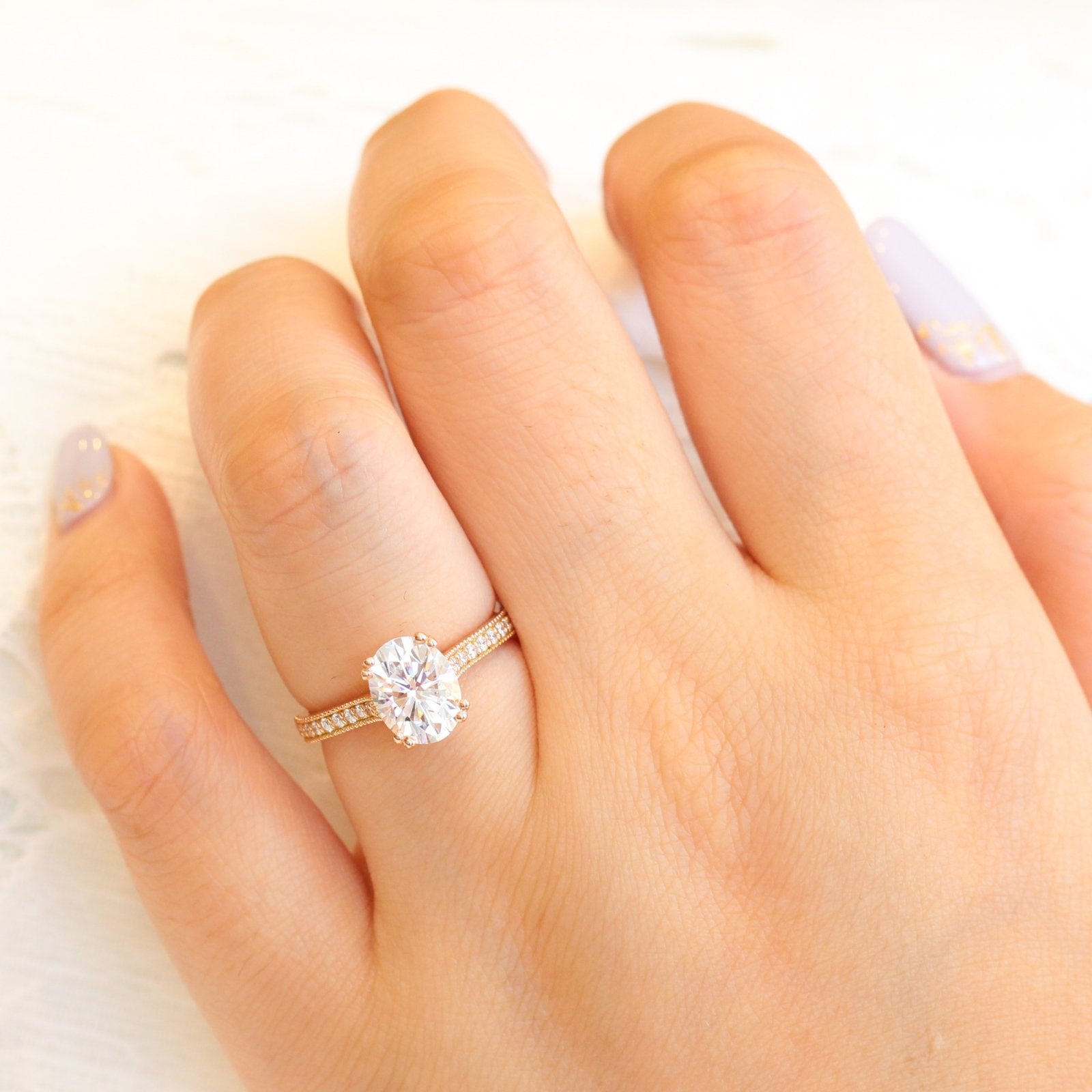 2.0CT Oval Channel Set Moissanite Diamond Double Claw Prong Engagement Ring