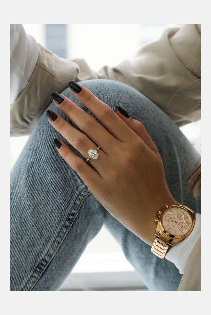 2.0ct Oval Petite Pave Moissanite Diamond Four Prong Engagement Ring In 18K Solid Gold