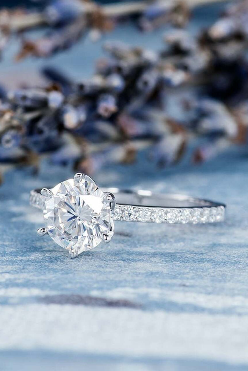 1.0CT Round Six Prong Moissanite Diamond Pave Engagement Ring