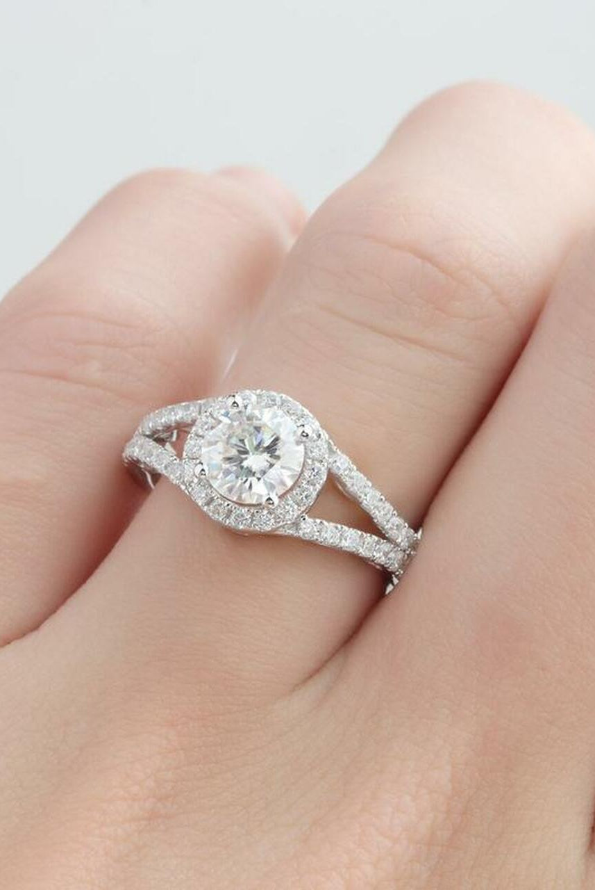 1.0CT Round Split Shank Moissanite Diamond Halo Engagement Ring