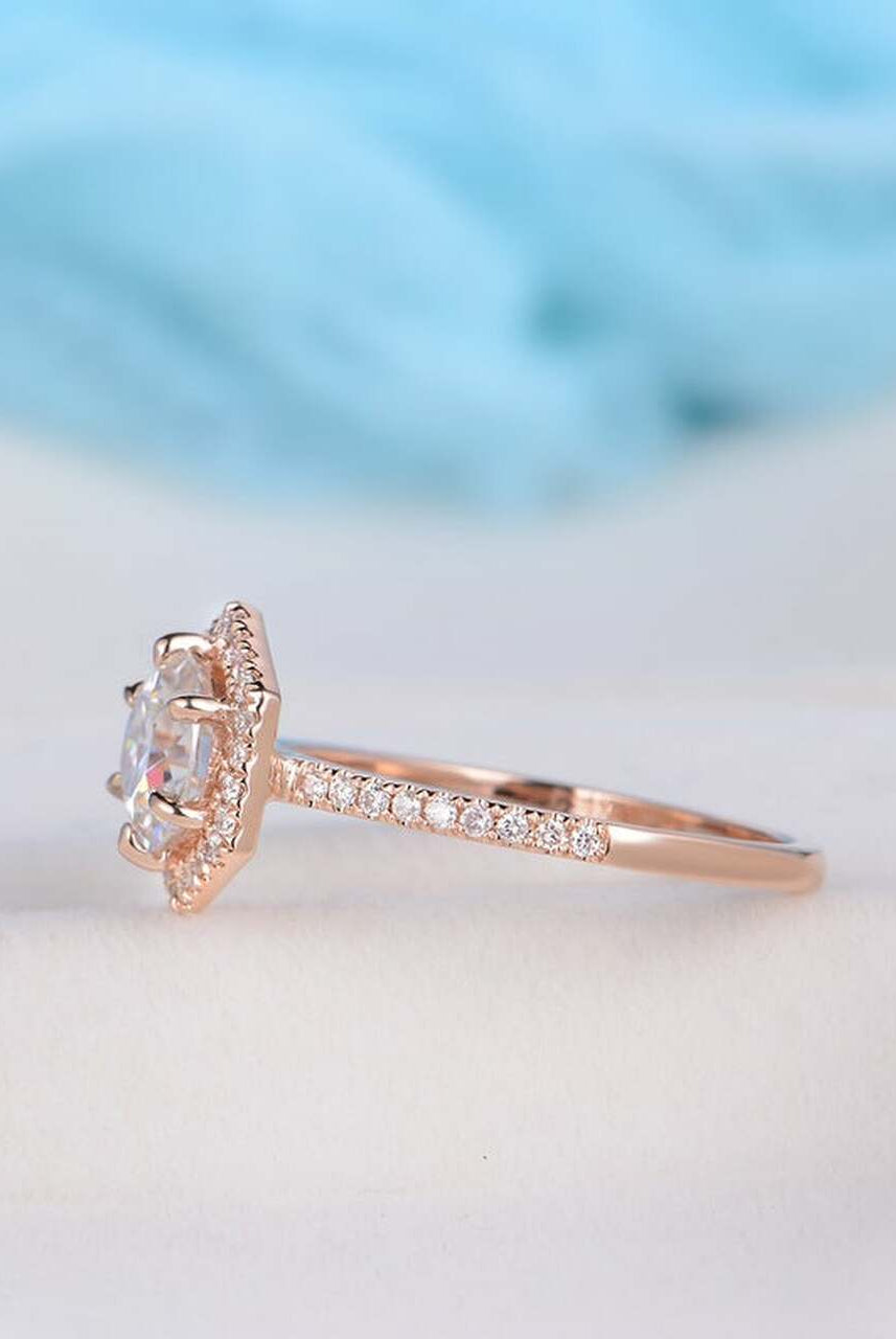 1.0CT Round Hexagon Shaped Halo Moissanite Diamond Pave Engagement Ring