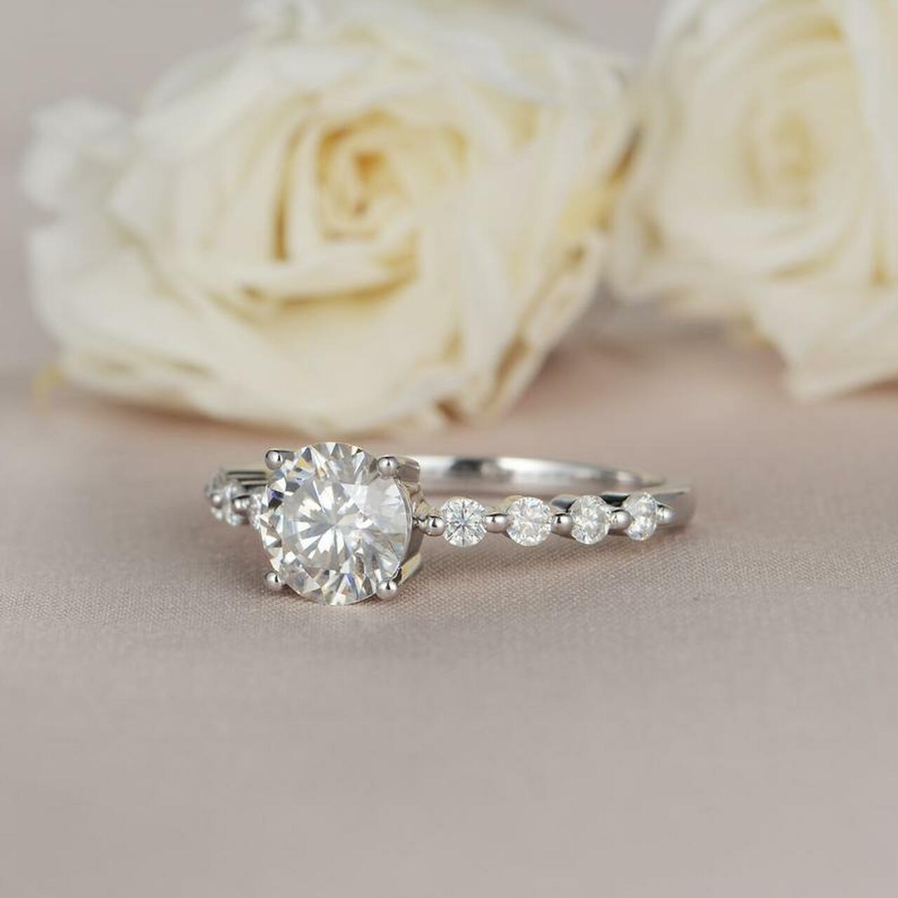 1.0CT Round Bubble Pave Moissanite Diamond Four Prong Engagement Ring