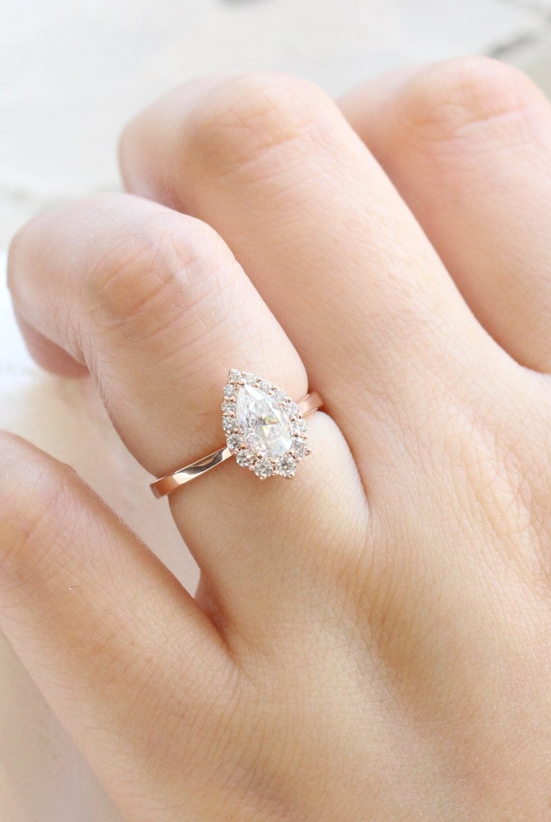 1.0CT Pear Cut Diamond Tiara Moissanite Halo Engagement Ring
