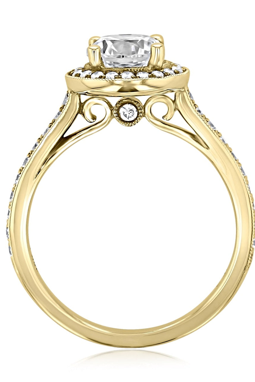 1.0CT Round Halo Moissanite Diamond Pave Engagement Ring In 18K Yellow Gold