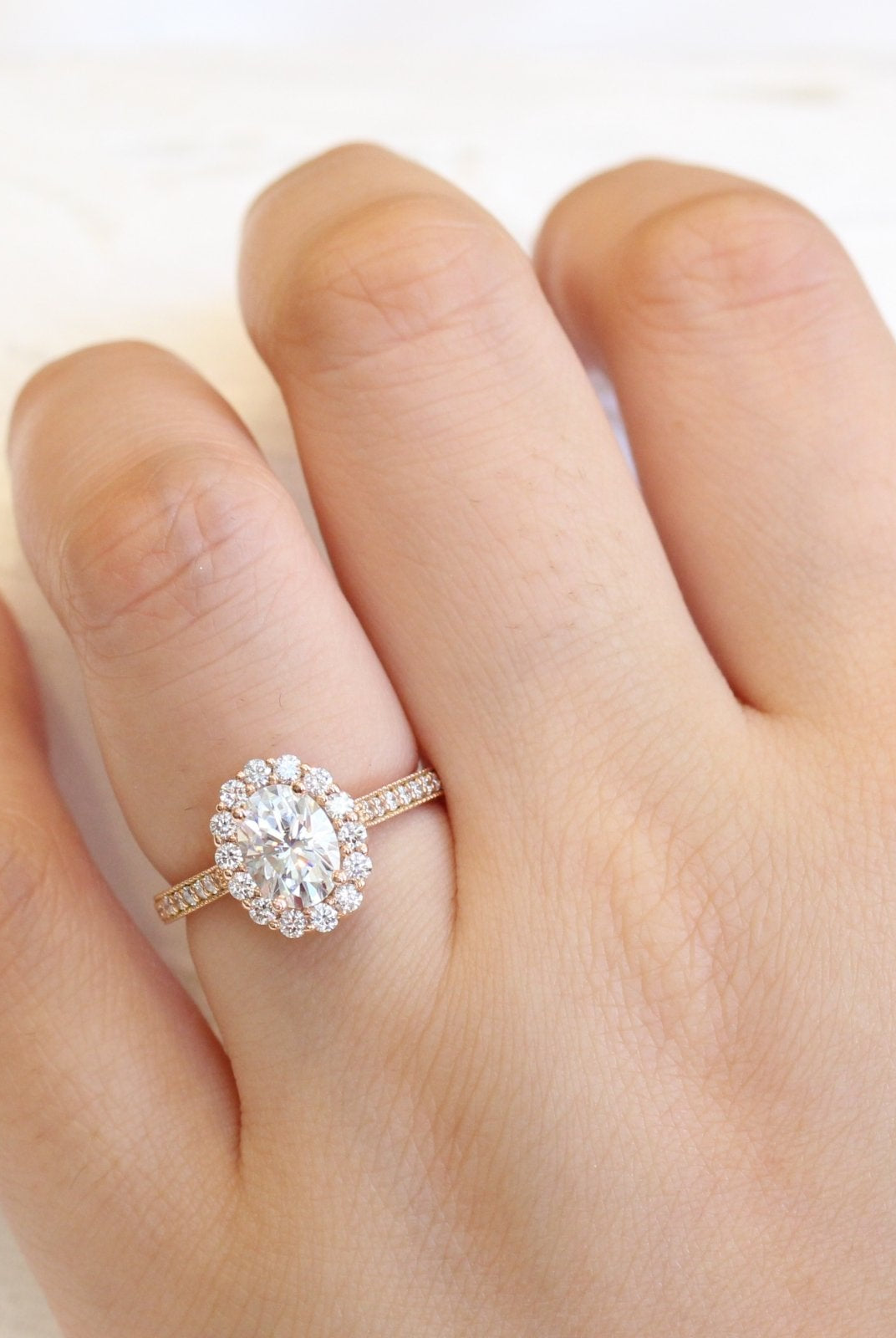 1.50CT Oval Floral Halo Moissanite Diamond Channel Set Engagement Ring