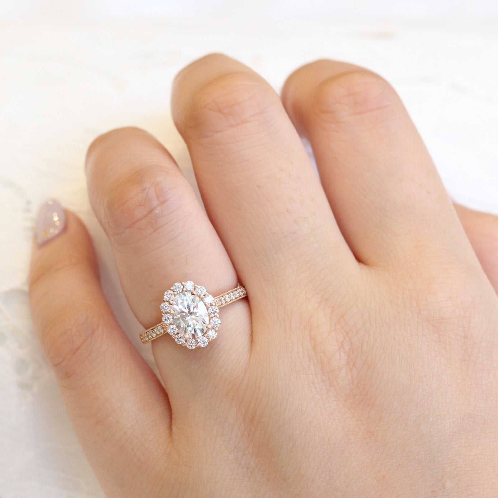 1.50CT Oval Floral Halo Moissanite Diamond Channel Set Engagement Ring