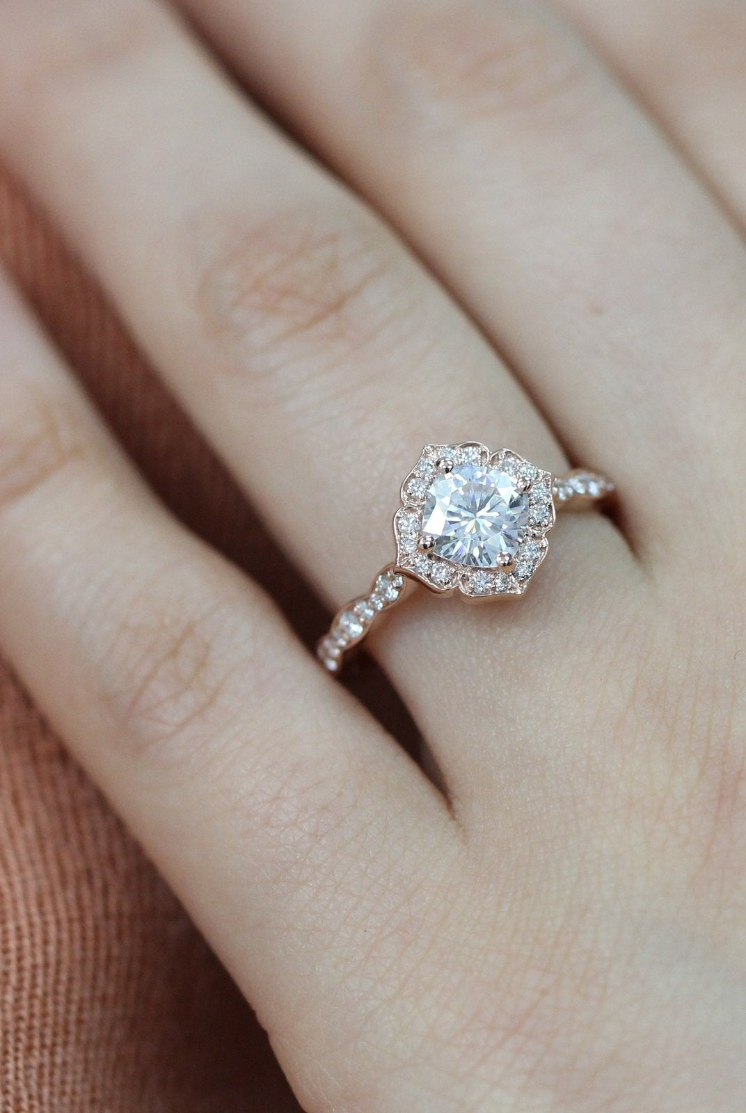 1.0CT Cushion Vintage Pave Moissanite Diamond Engagement Ring For Women