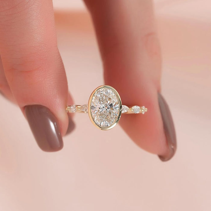 2.0CT Oval Diamond Bezel Pave Setting Lab Grown Engagement Ring