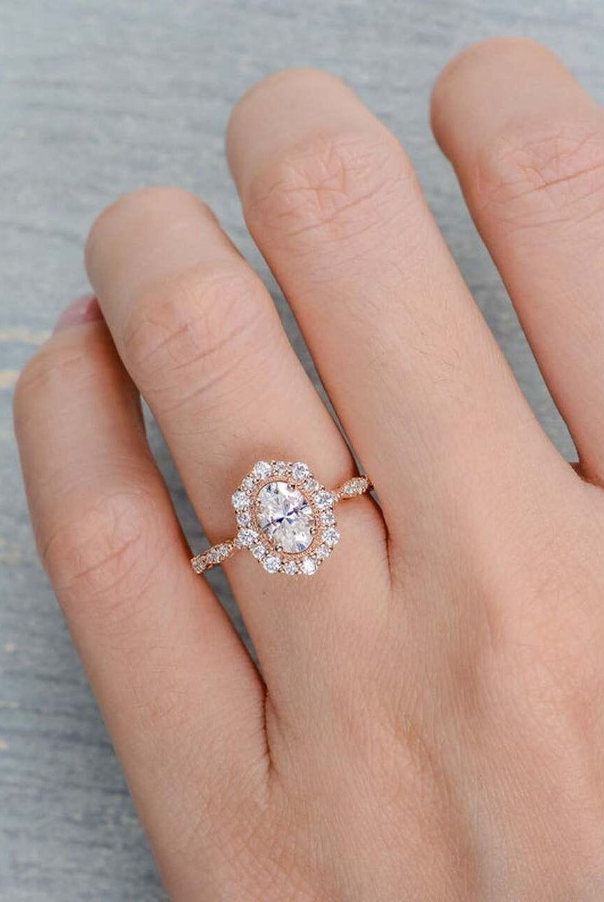 1.0CT Oval Floral Halo Moissanite Diamond Vintage Pave Engagement Ring