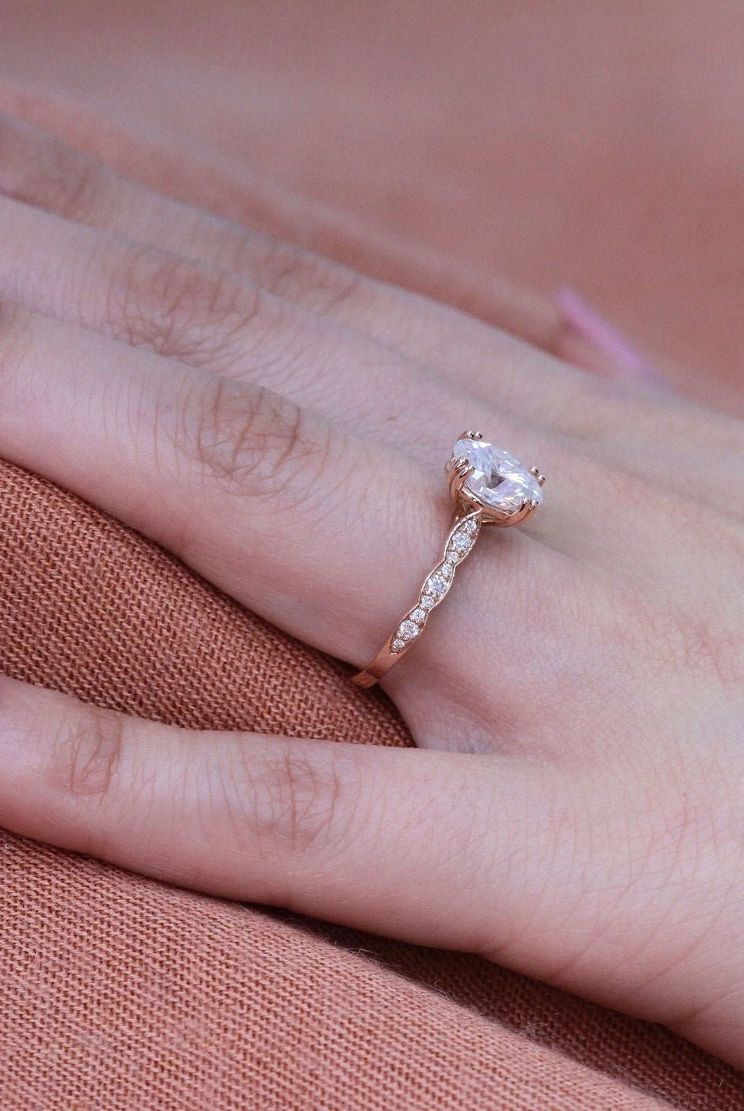 2.0CT Oval Double Claw Prong Moissanite Diamond Vintage Pave Engagement Ring