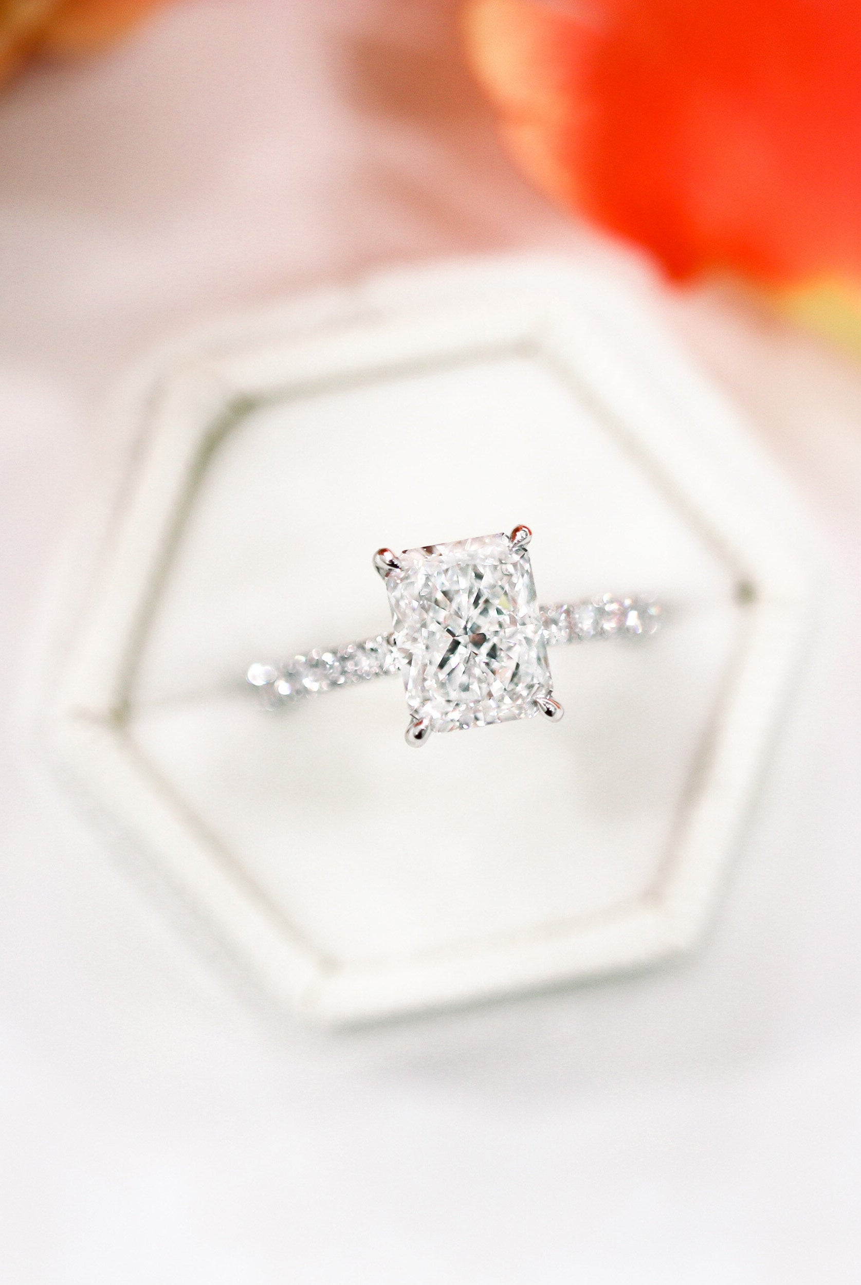 2.0CT Cathedral Set Radiant Moissanite Diamond Pave Engagement Ring In 14K White Gold