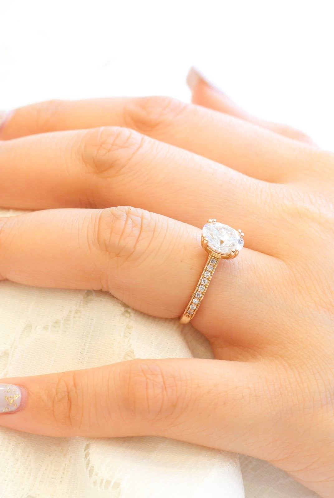 2.0CT Oval Channel Set Moissanite Diamond Double Claw Prong Engagement Ring