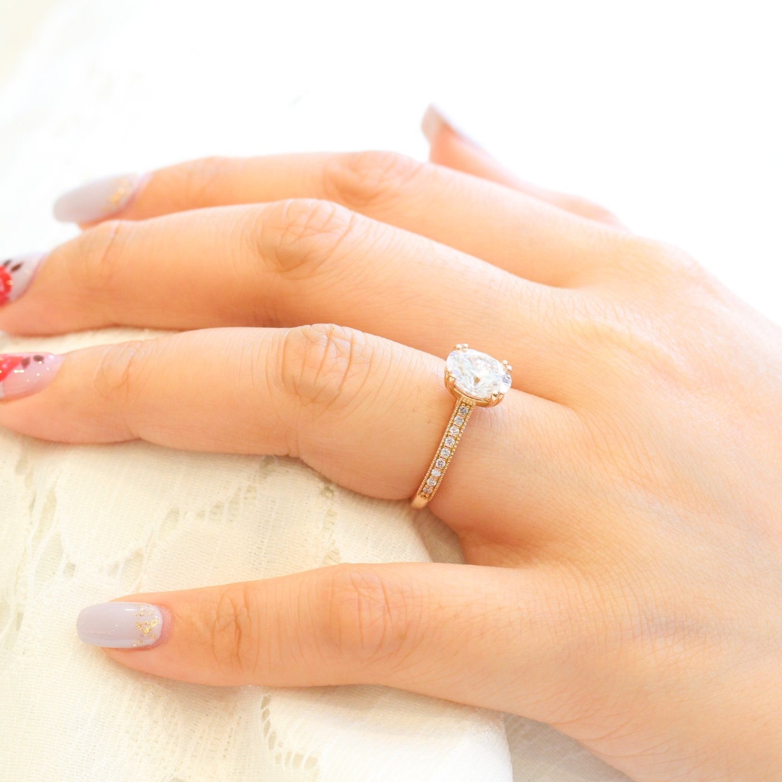 2.0CT Oval Channel Set Moissanite Diamond Double Claw Prong Engagement Ring