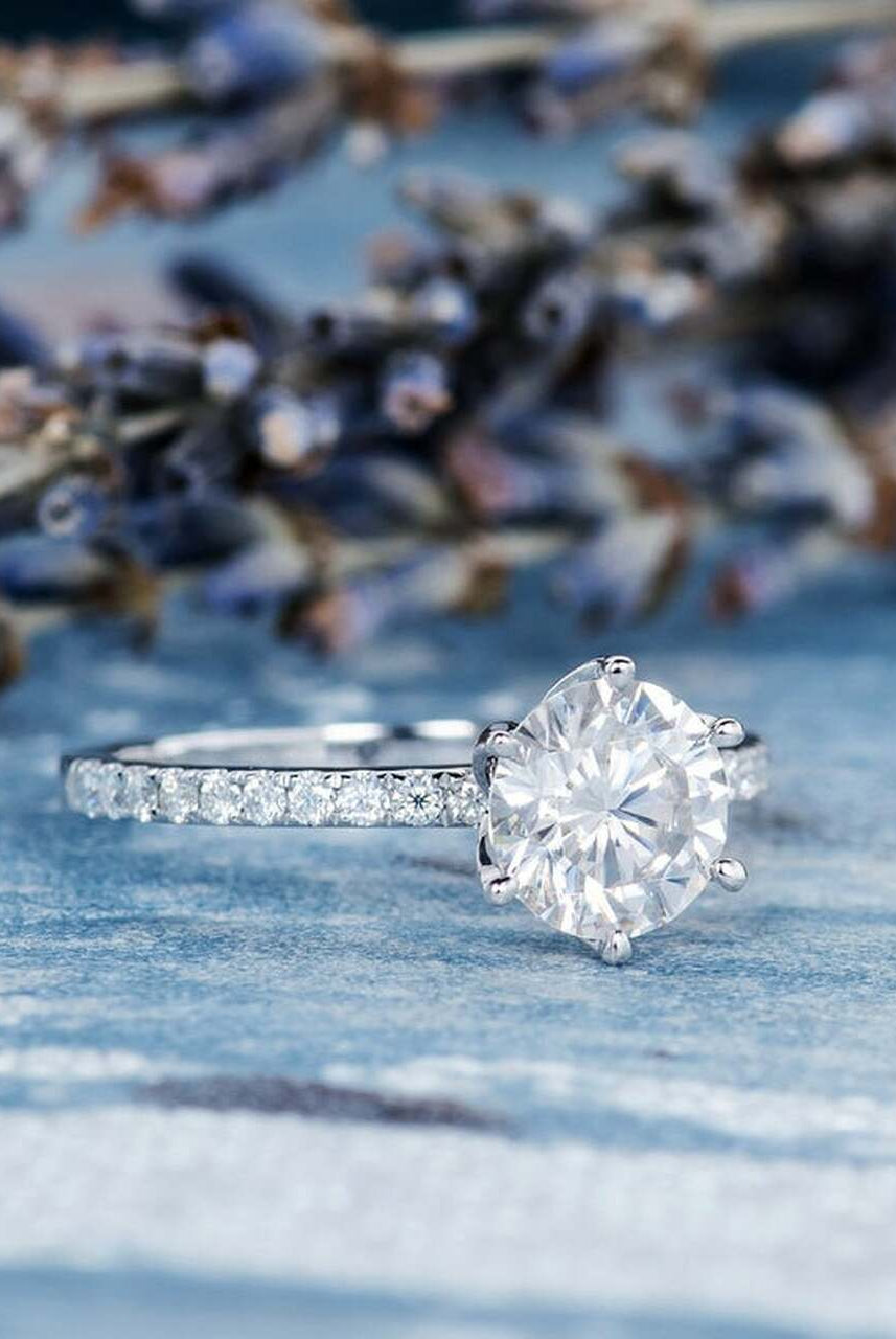 1.0CT Round Six Prong Moissanite Diamond Pave Engagement Ring