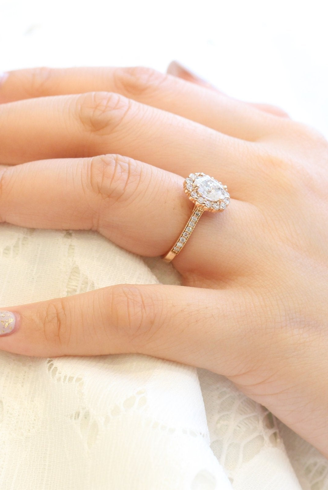 1.50CT Oval Floral Halo Moissanite Diamond Channel Set Engagement Ring