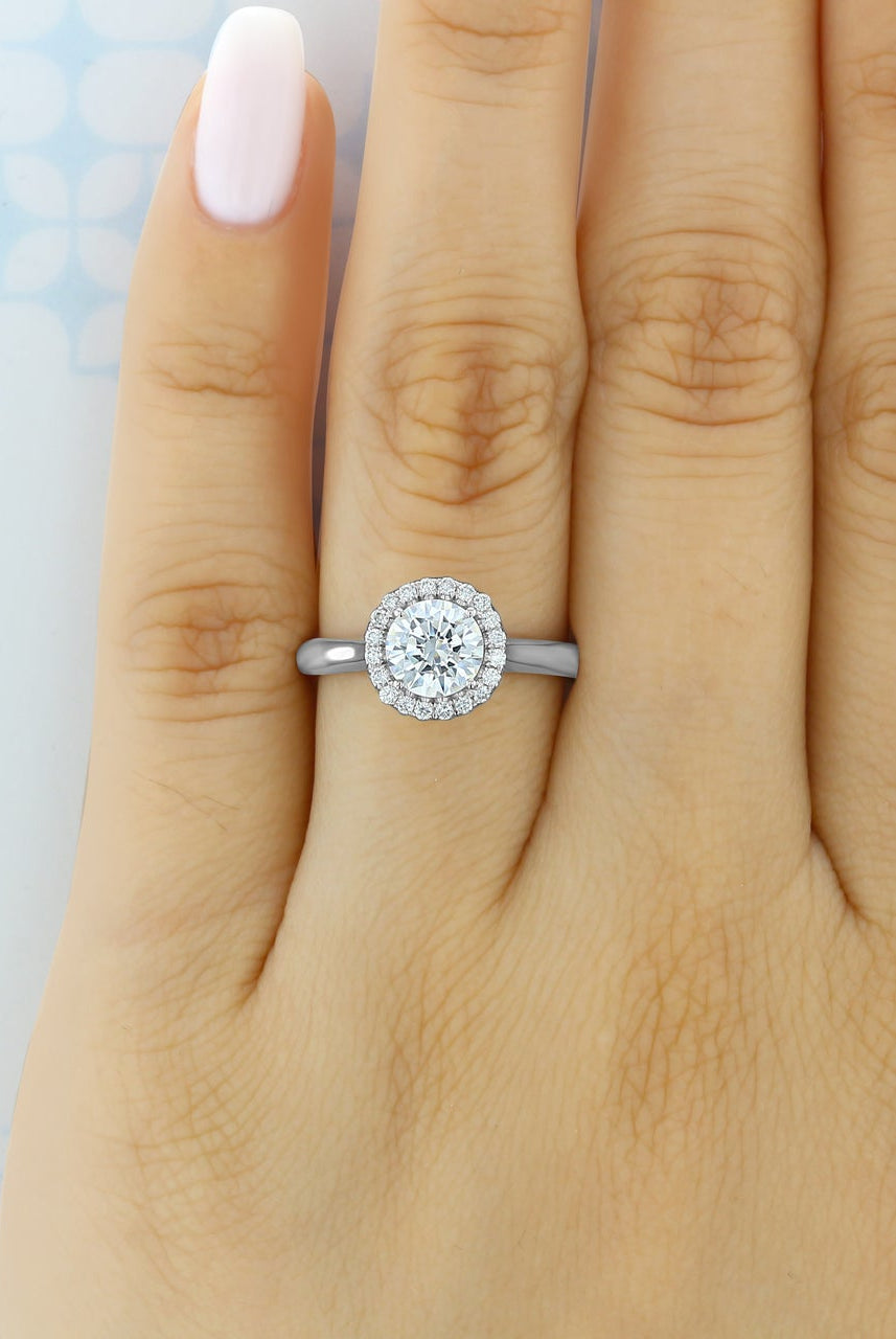 1.0CT Cathedral Set Round Moissanite Diamond Halo Engagement Ring