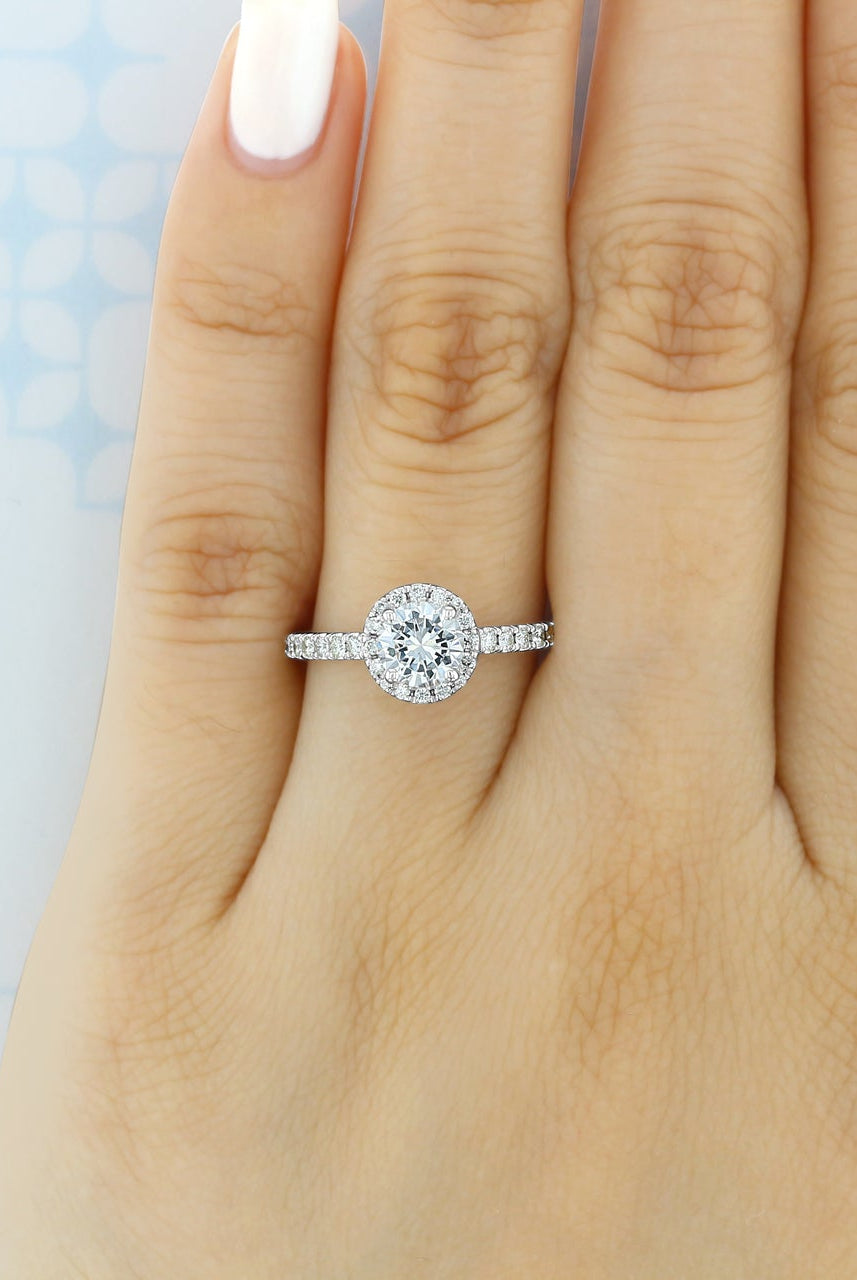 1.0ct Round Halo Moissanite Diamond Pave Engagement Ring For Her In 18K Solid Gold