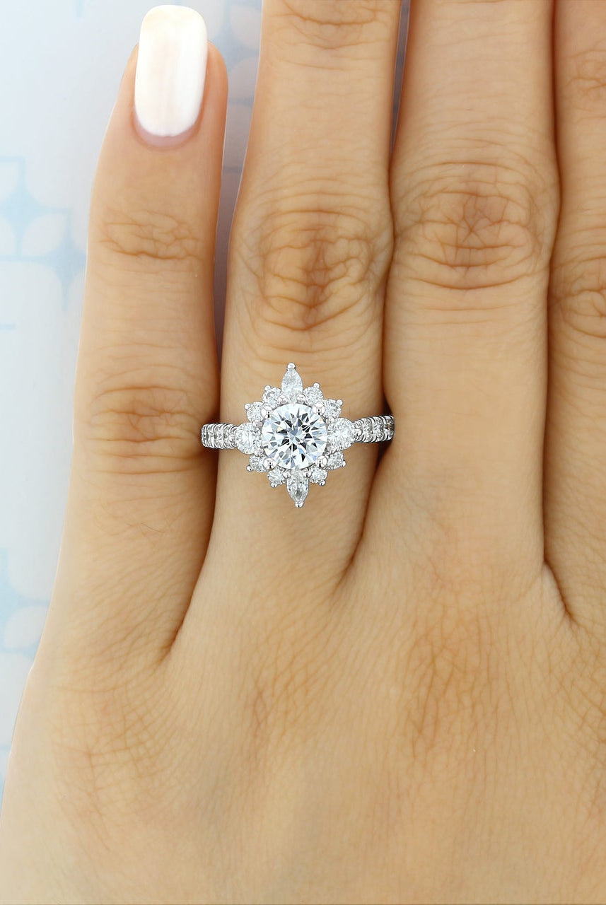 1.0ct Round Cluster Moissanite Diamond Pave Engagement Ring In 14K Solid Gold
