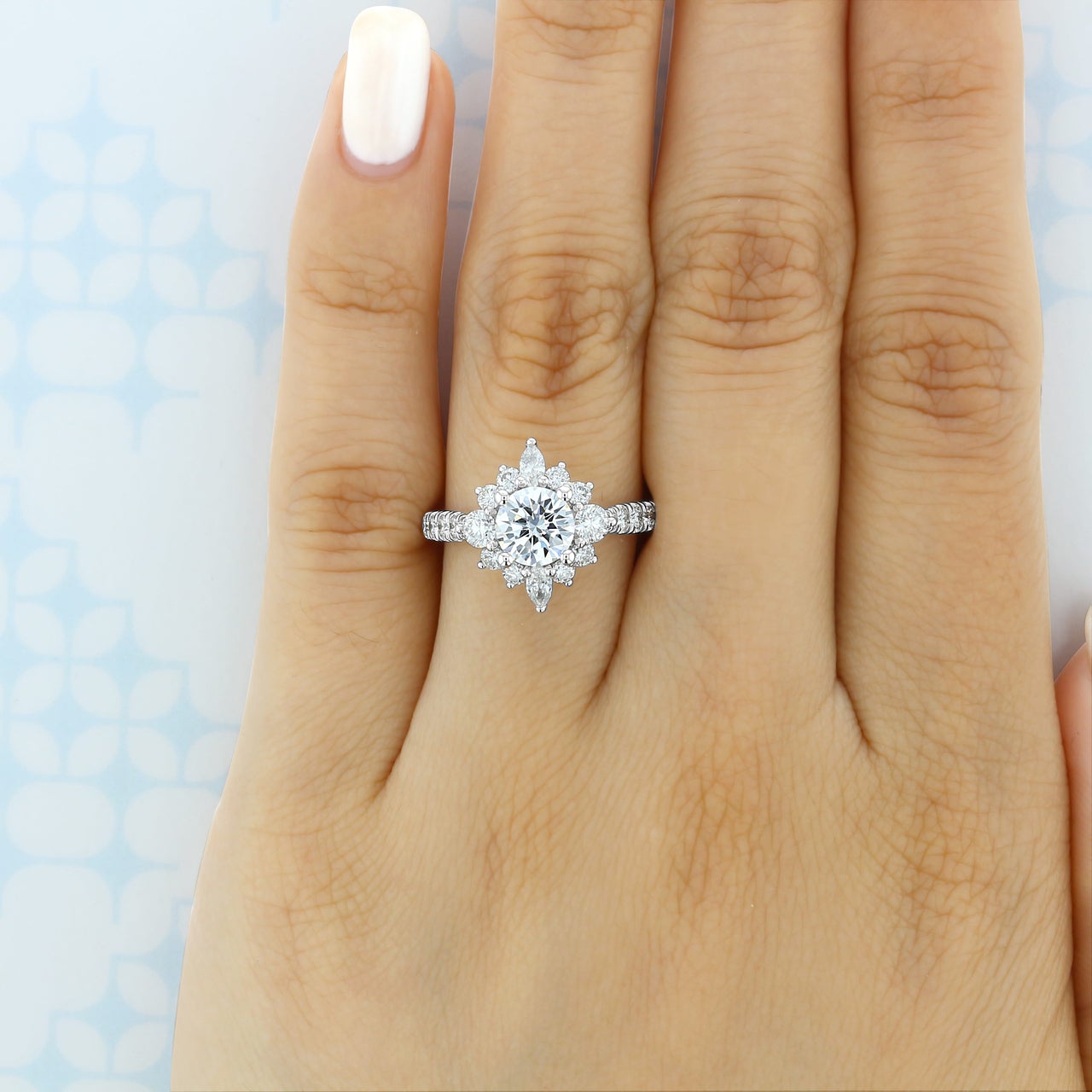 1.0ct Round Cluster Moissanite Diamond Pave Engagement Ring In 14K Solid Gold