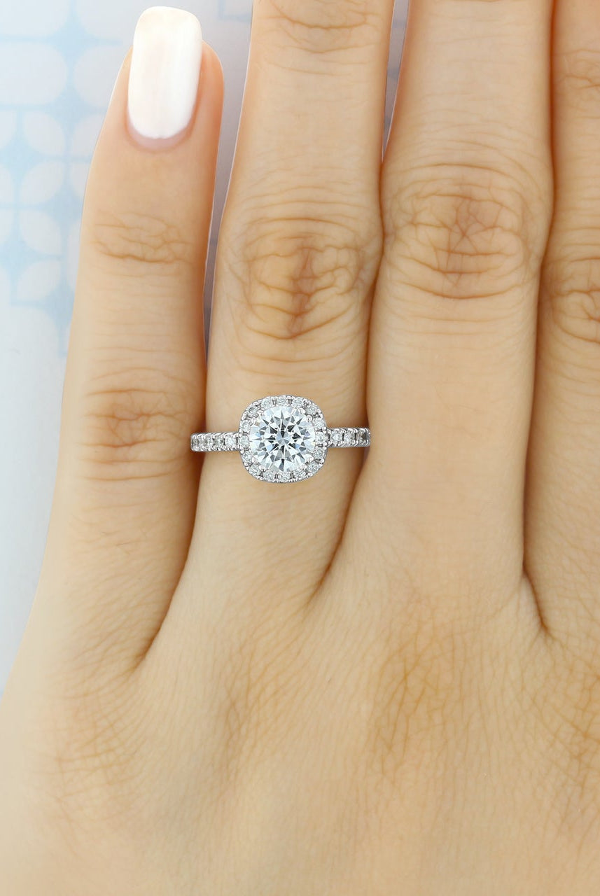 1.0ct Round Halo Moissanite Diamond Four Prong Engagement Ring
