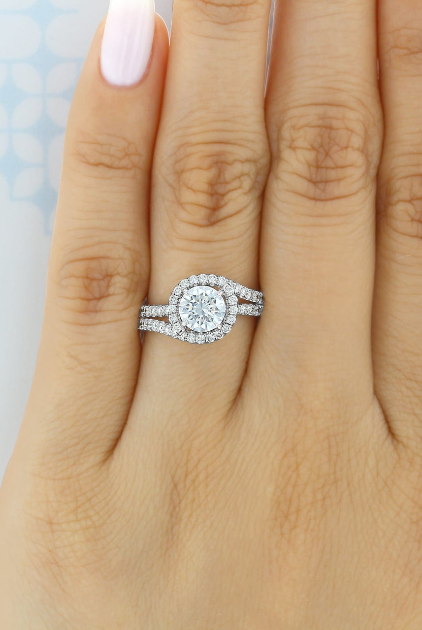 1.0CT Round Halo Moissanite Diamond Double Pave Engagement Ring