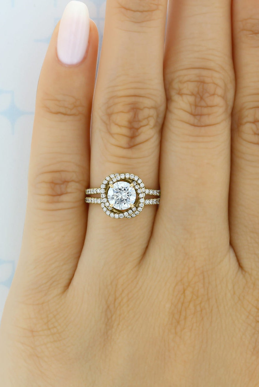 1.0ct Round Double Pave Moissanite Diamond Four Prong Engagement Ring In Solid Gold