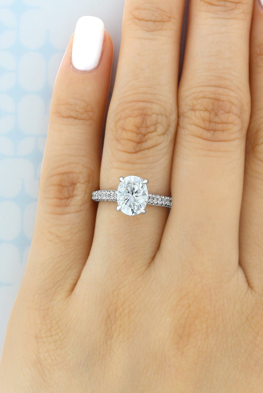 1.93ct Oval Hidden Halo Moissanite Diamond Three Sided Pave Engagement Ring