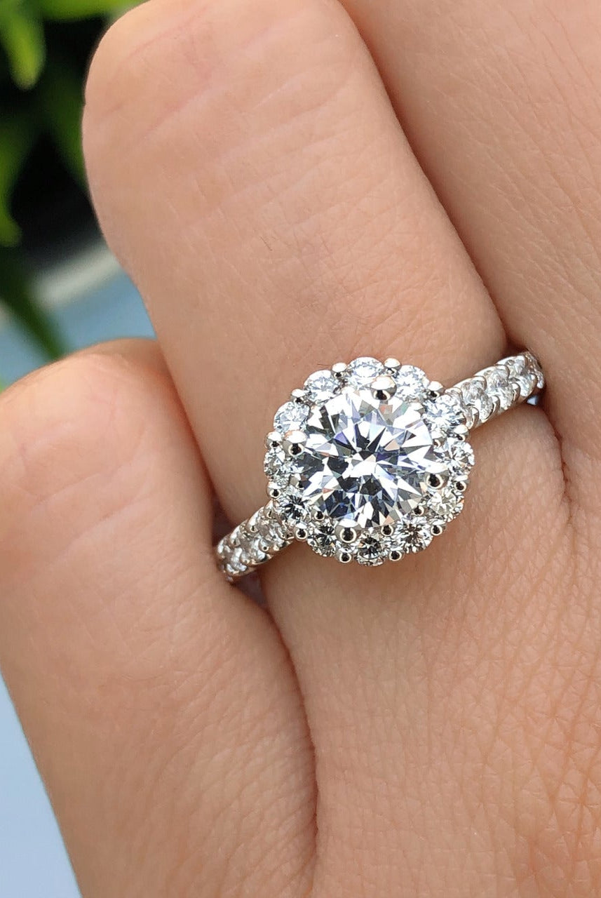 1.0ct Round Floral Halo Moissanite Diamond Pave Engagement Ring