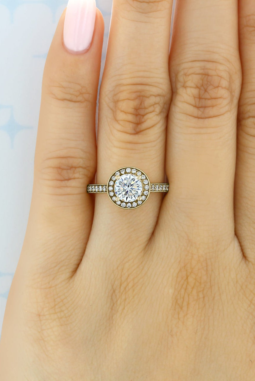 1.0CT Round Halo Moissanite Diamond Pave Engagement Ring In 18K Yellow Gold