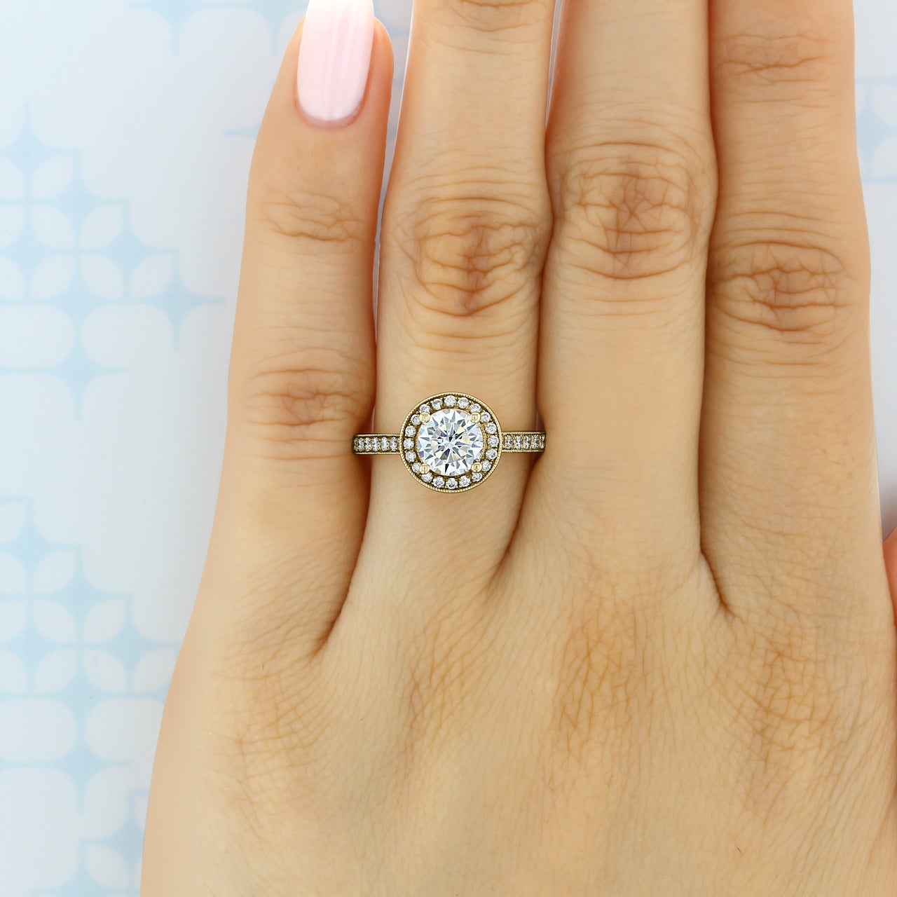 1.0CT Round Halo Moissanite Diamond Pave Engagement Ring In 18K Yellow Gold