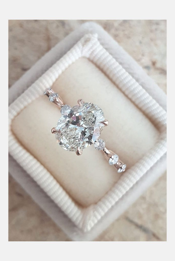 2.0ct Oval Petite Pave Moissanite Diamond Four Prong Engagement Ring In 18K Solid Gold