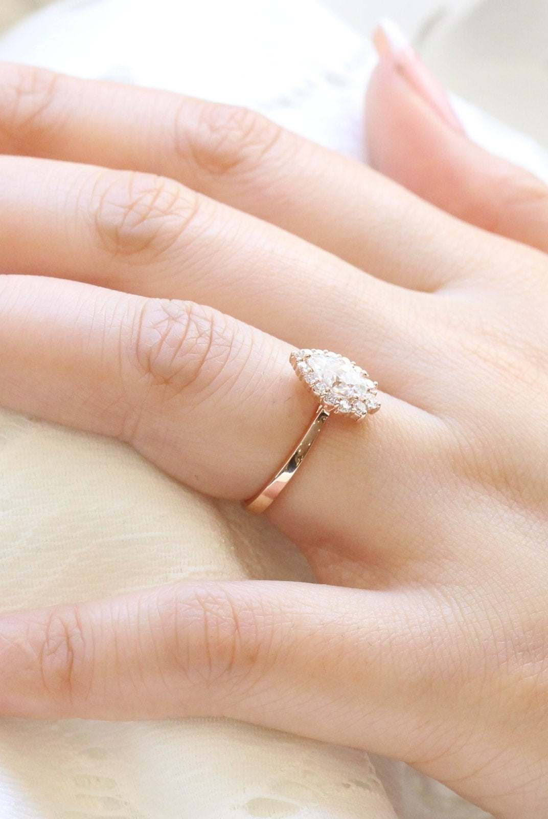 1.0CT Pear Cut Diamond Tiara Moissanite Halo Engagement Ring