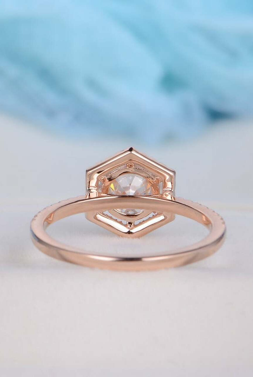 1.0CT Round Hexagon Shaped Halo Moissanite Diamond Pave Engagement Ring