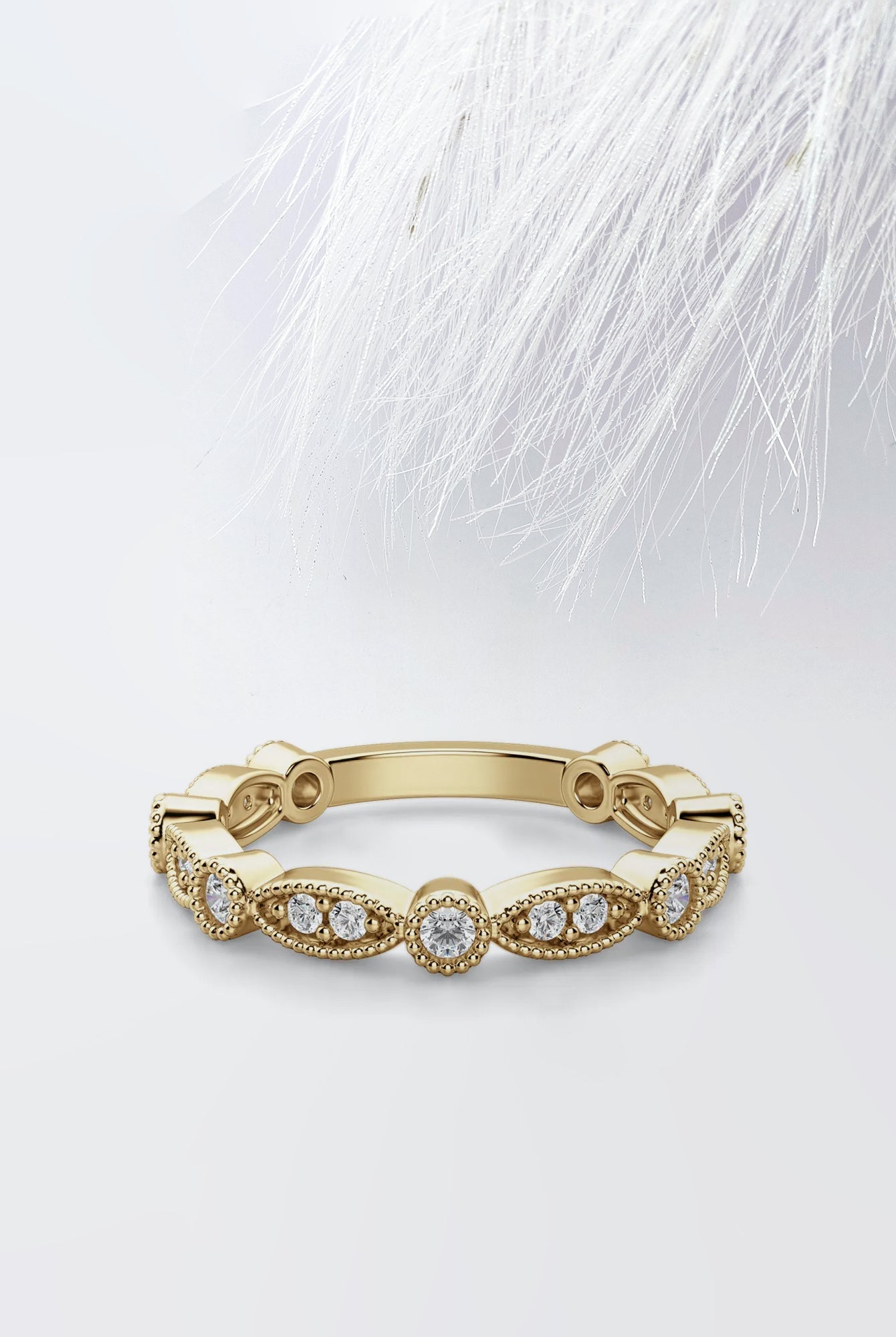 Round Cut Moissanite Vintage Diamond Wedding Band in Solid Gold