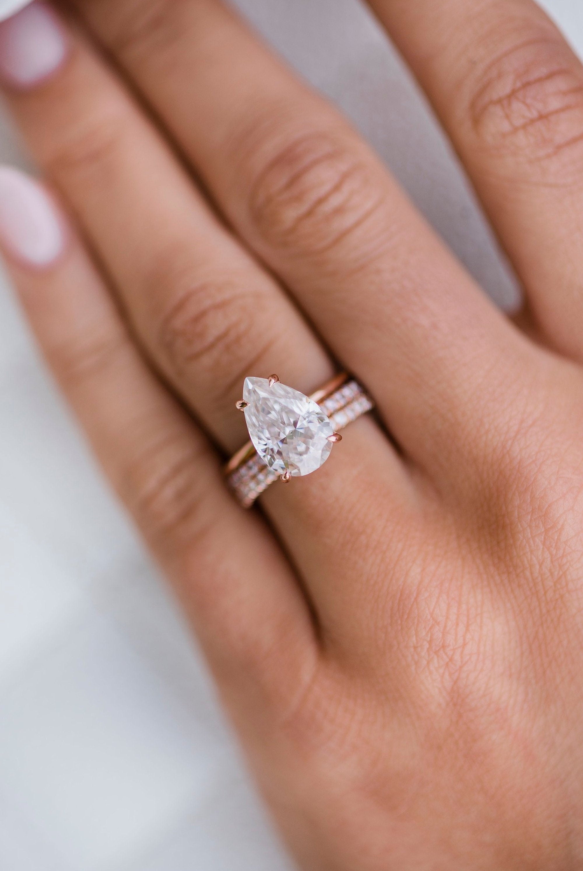 3.20CT Pear Cut Moissanite Solitaire Engagement Ring in 14K Rose Gold