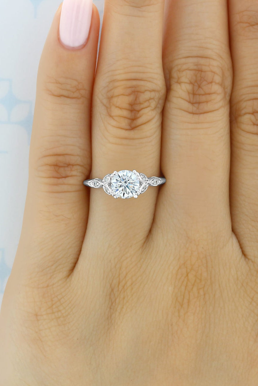 1.0CT Round Double Claw Prong Moissanite Diamond Vintage Engagement Ring