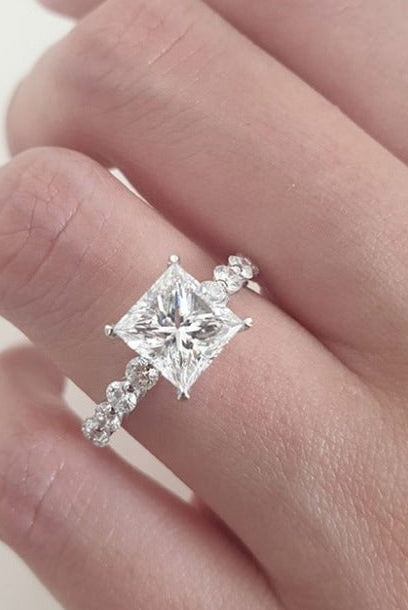 2.0CT Princess Cut Bubble Pave Moissanite Diamond Engagement Ring