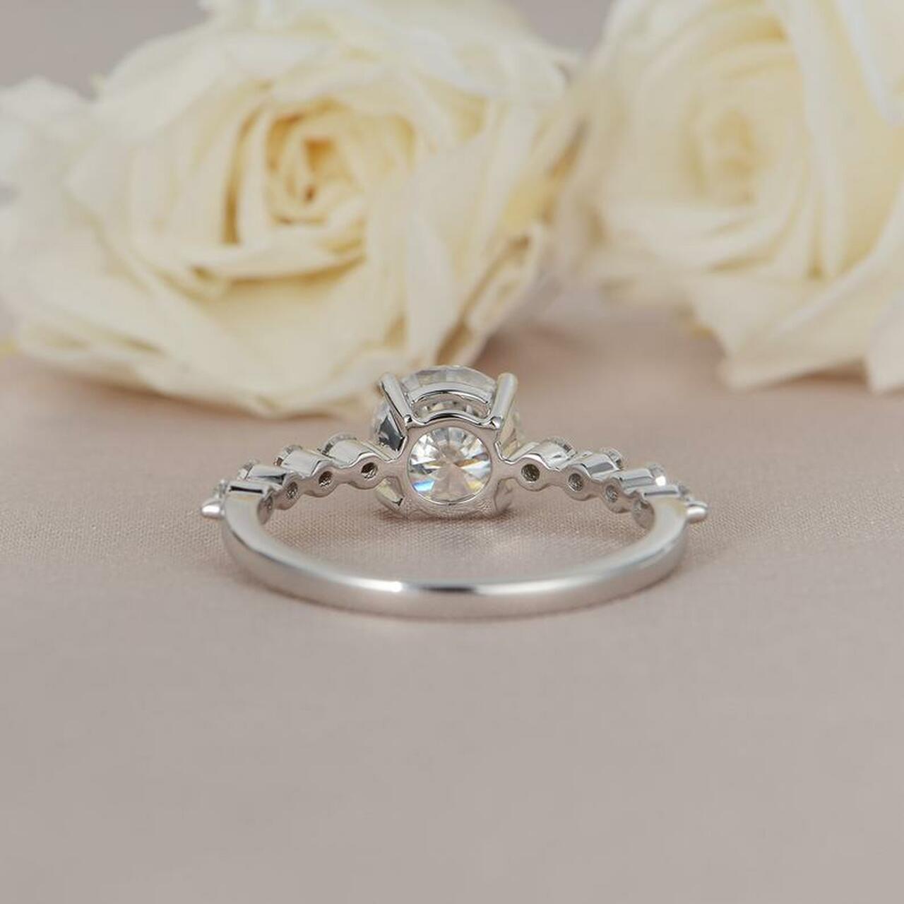 1.0CT Round Bubble Pave Moissanite Diamond Four Prong Engagement Ring