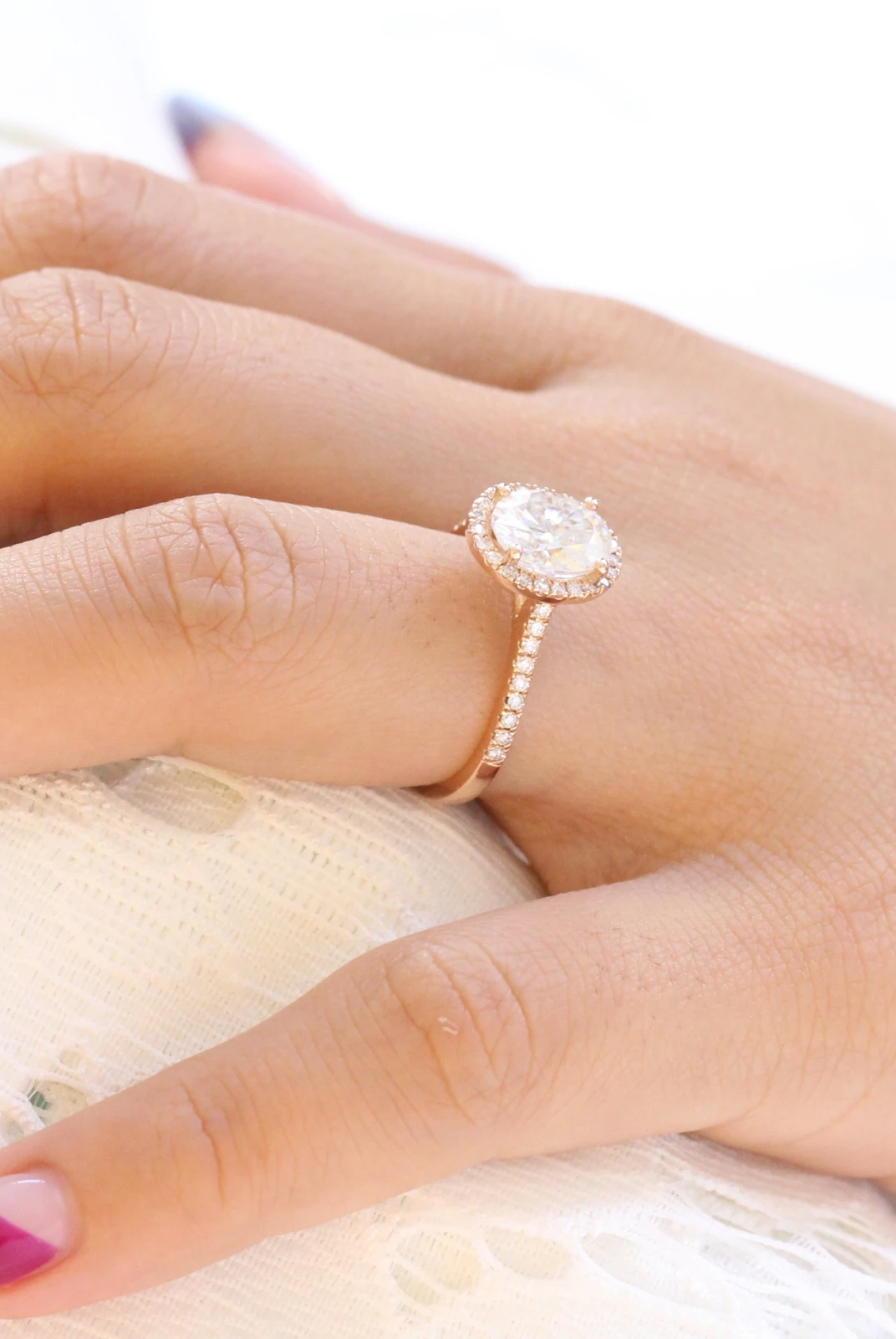 2.0CT Oval pave Moissanite Diamond Cathedral Set Halo Engagement Ring