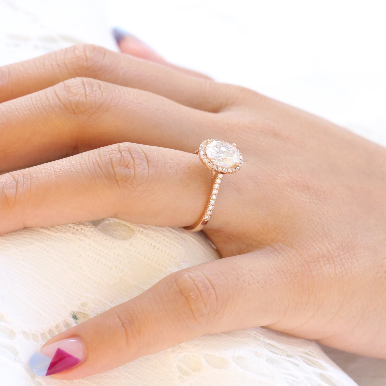 2.0CT Oval pave Moissanite Diamond Cathedral Set Halo Engagement Ring