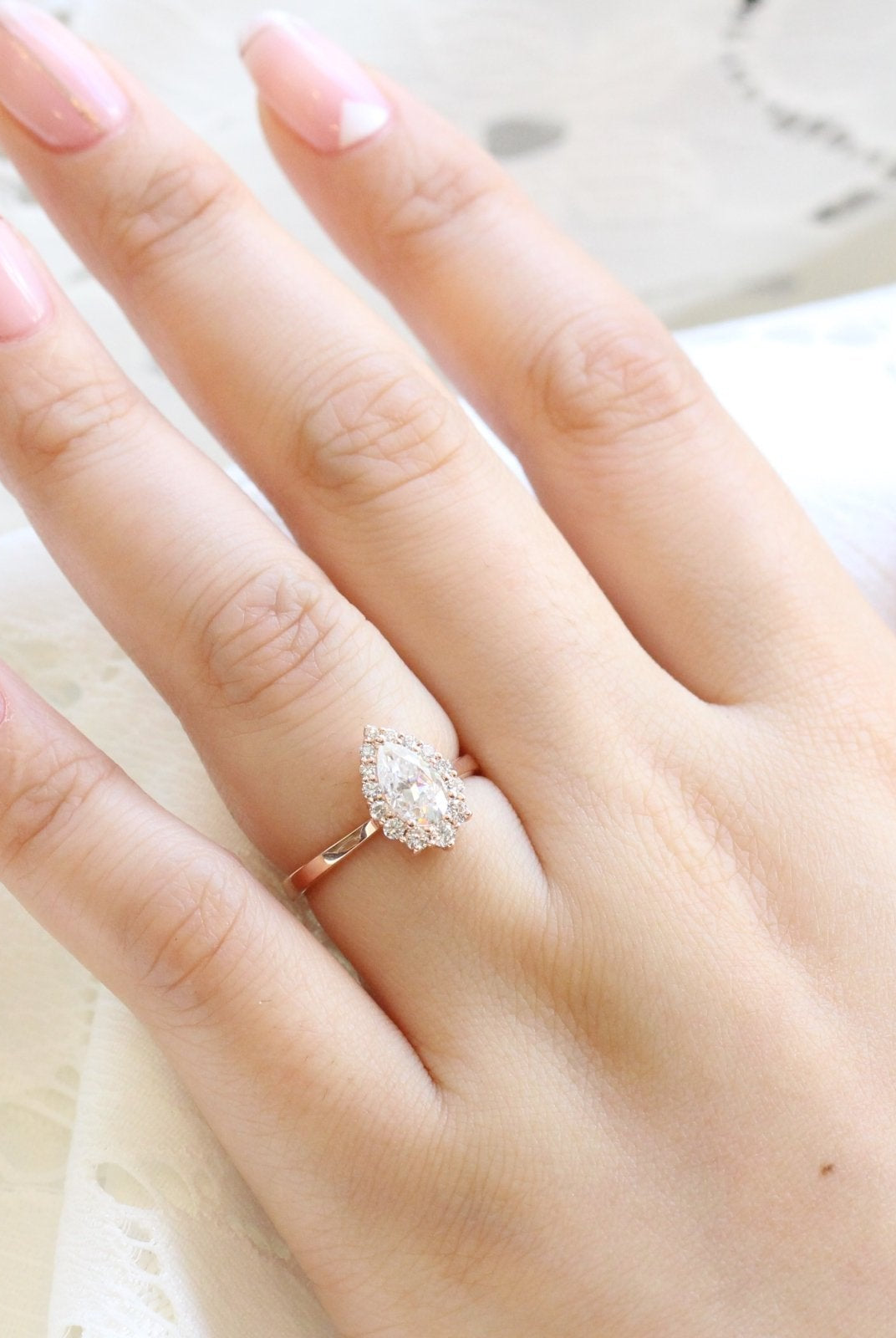 1.0CT Pear Cut Diamond Tiara Moissanite Halo Engagement Ring