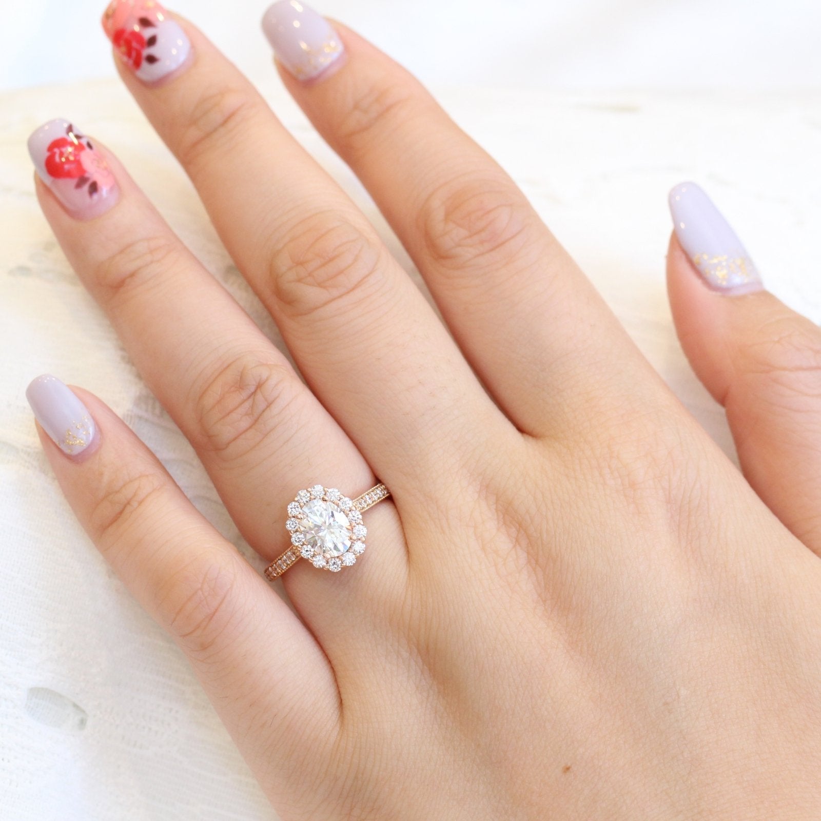 1.50CT Oval Floral Halo Moissanite Diamond Channel Set Engagement Ring