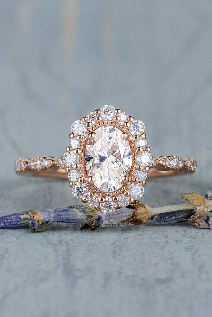 1.0CT Oval Floral Halo Moissanite Diamond Vintage Pave Engagement Ring