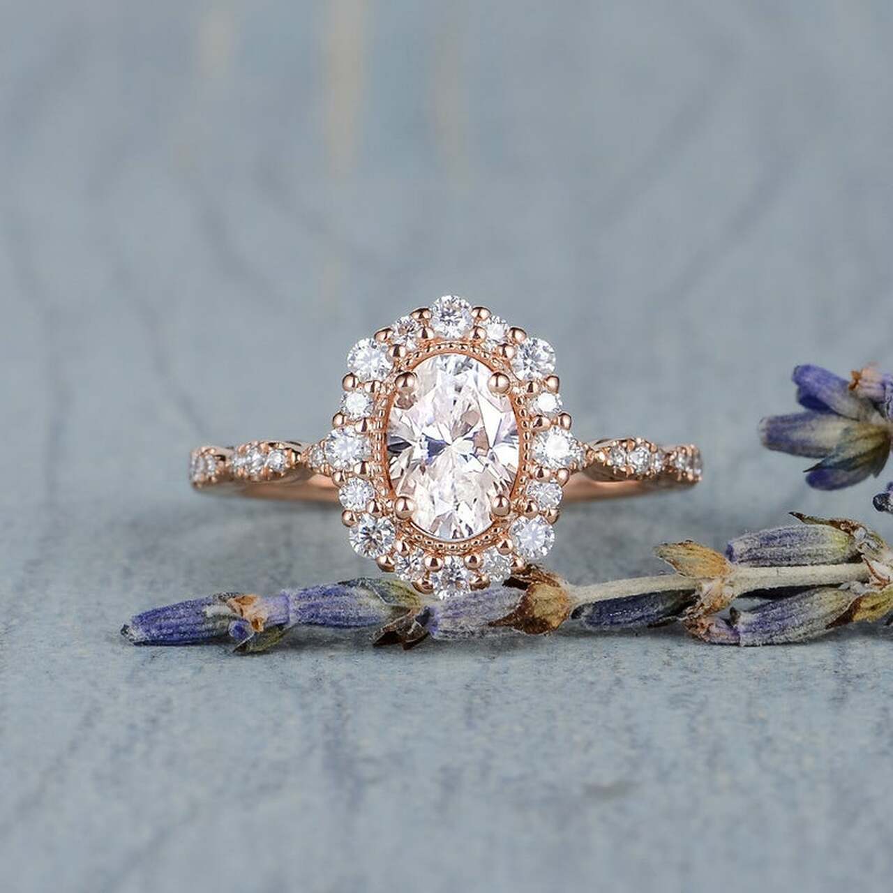 1.0CT Oval Floral Halo Moissanite Diamond Vintage Pave Engagement Ring