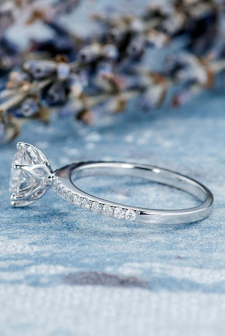 1.0CT Round Six Prong Moissanite Diamond Pave Engagement Ring