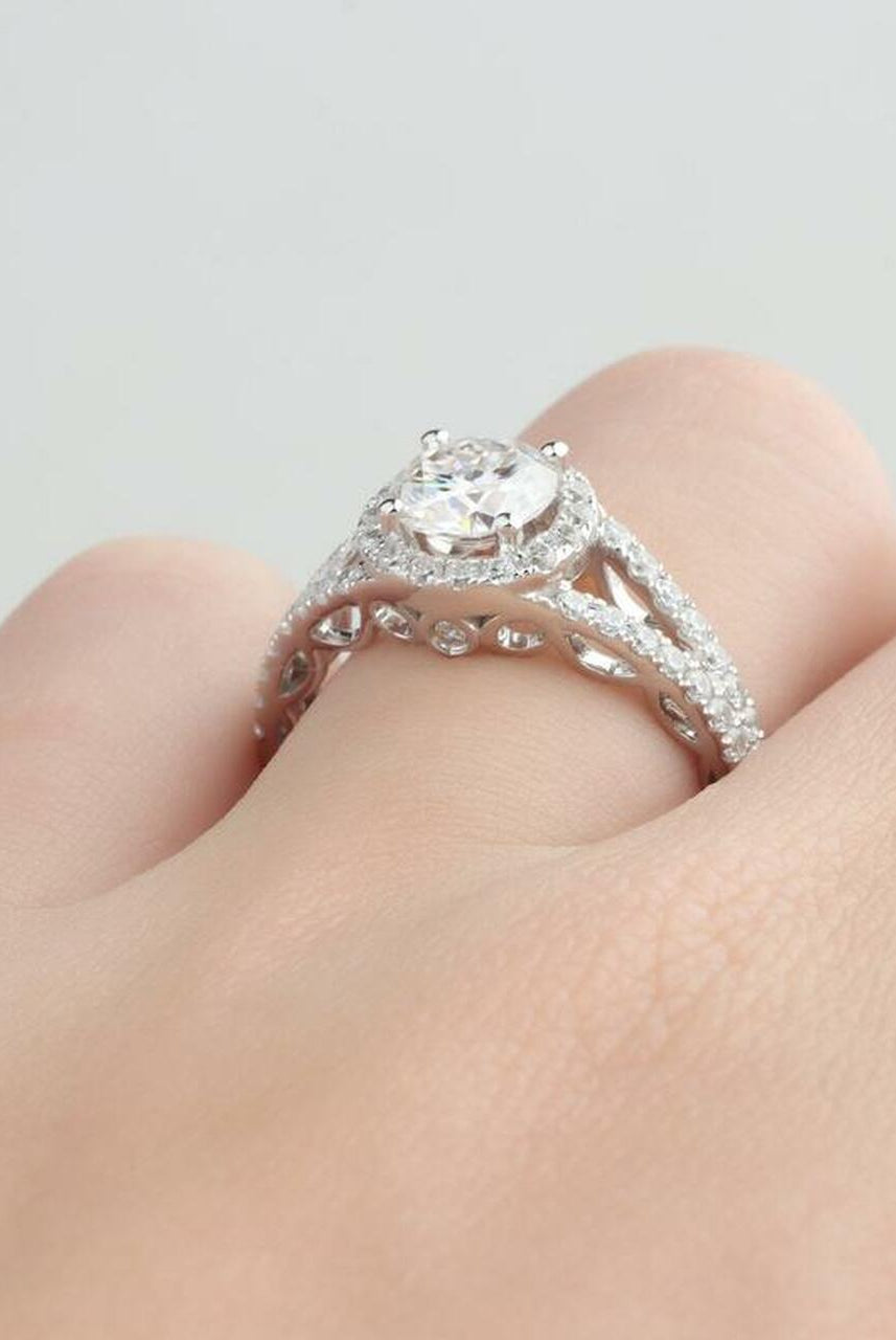 1.0CT Round Split Shank Moissanite Diamond Halo Engagement Ring