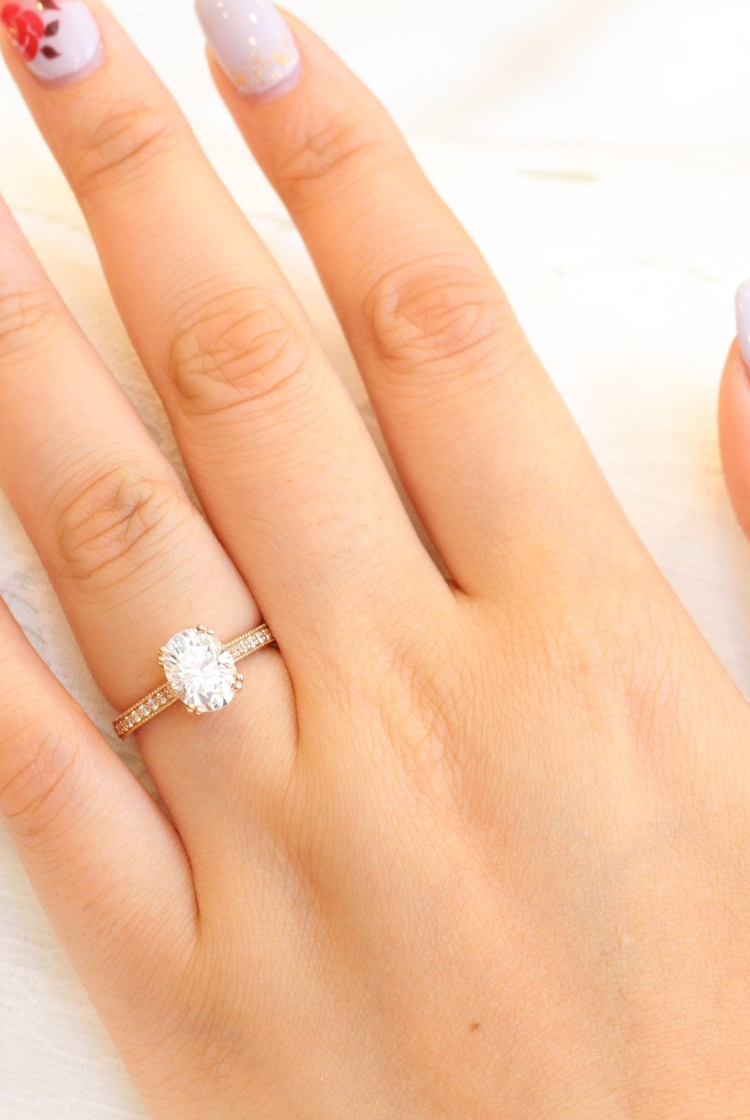 2.0CT Oval Channel Set Moissanite Diamond Double Claw Prong Engagement Ring