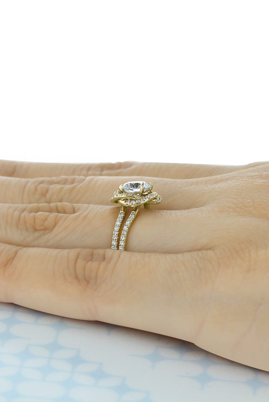 1.0ct Round Double Pave Moissanite Diamond Four Prong Engagement Ring In Solid Gold